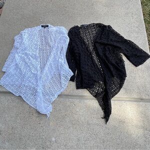 Kaktus 2 Tops Crochet Mesh Open Knit Black & White Open Front Tie Women 1X Boho‎